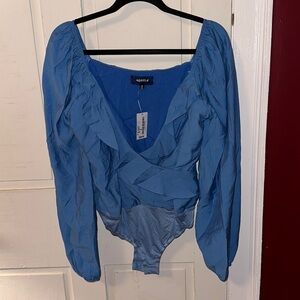 NWT Bright blue ruffle body suit long sleeve puff sleeve